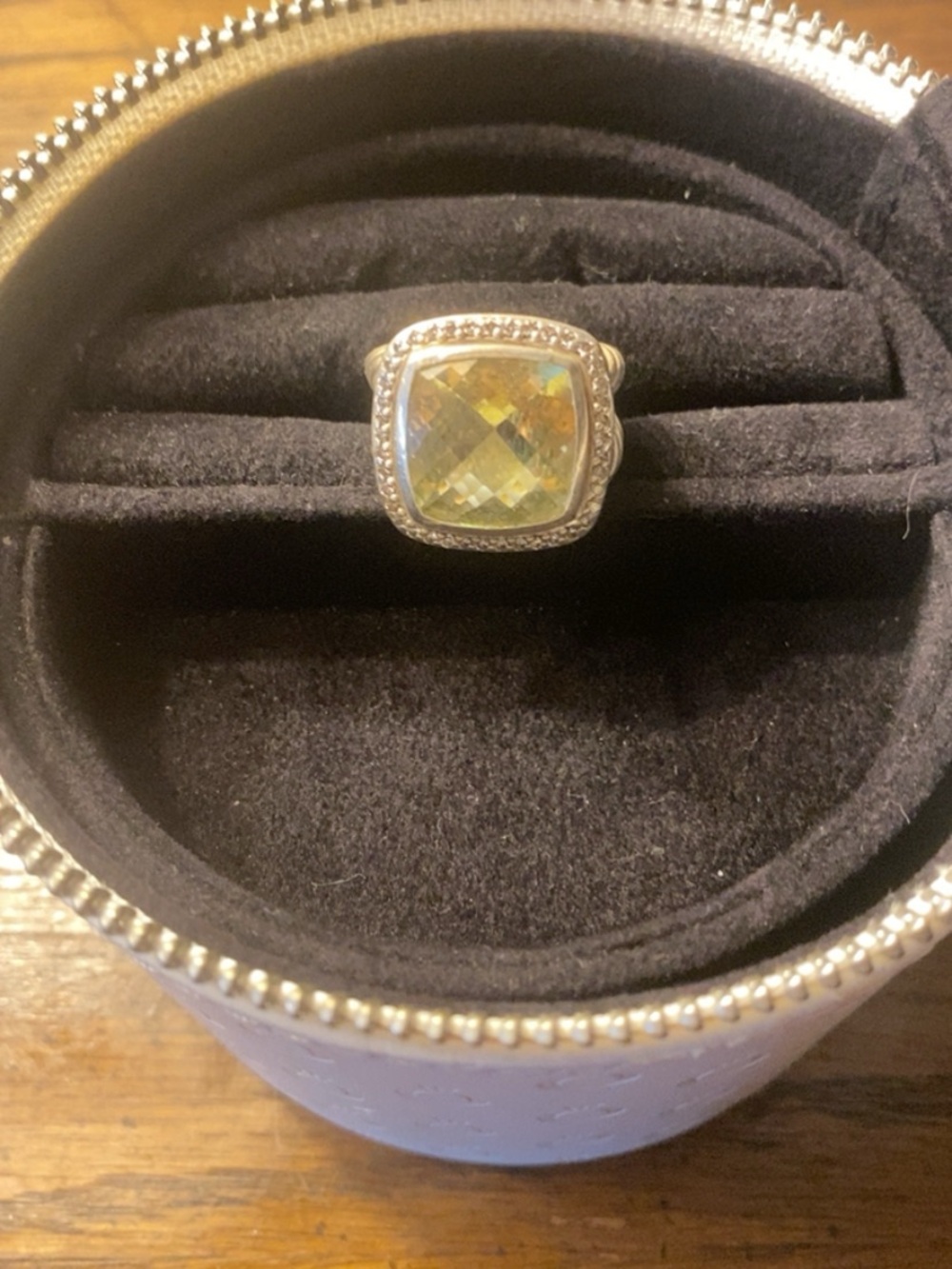 David Yurman Albion Ring with Lemon Citrine and Diamonds Green Cushion-Cut
